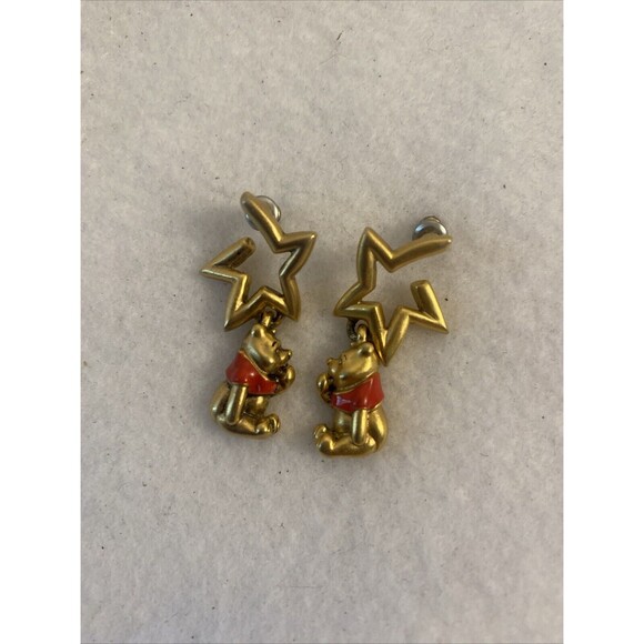 Vintage Thinking Winnie The Pooh Disney Dangle Earrings Gold Tone Shooting Star - Picture 1 of 4